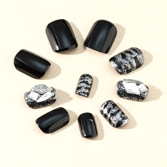 Nails Black Zebra Stripes 24 Fake Press On Glossy Silver Glitter Glam Trendy Fun - Picture 2 of 6